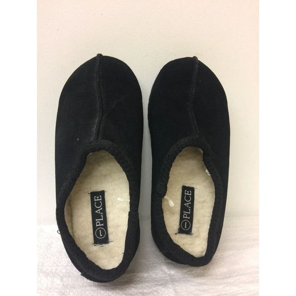 Children Place for kids black faux Fur Lined suede sip on Slippers size 1